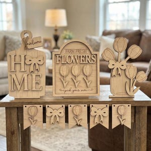Spring Flower Bench Insert Set • Laser-Cut Wood Farmhouse Décor Signs
