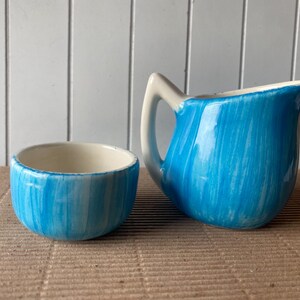 Stanley Kellogg Studio Pottery teal blue brush creamer & small bowl Signed MCM