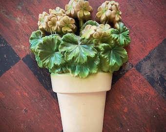Chalkware or Plaster Potted Flowers wall plaque -Geraniums Vintage