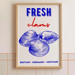Impresión de vieiras, póster de mariscos franceses, paisaje rústico costero, abuela costera, arte de casa de playa