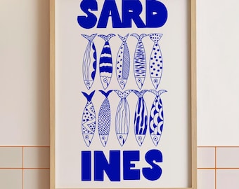 Sardine Wall Art, Blue Kitchen Decor, Nautical Style, Seafood Poster