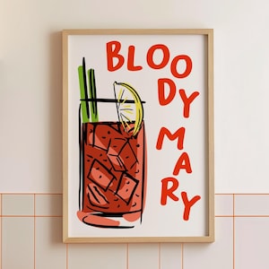 Bloody Mary Wand-Kunstdruck, lustiges Bloody Mary-Cocktailplakat, Hausbar-Warenkorb-Kunst, Retro ästhetischer Bloody Mary-Druck für die Küche