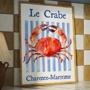 Impresión de Le Crabe, azul náutico, decoración estética de cocina, póster de mariscos franceses, cena, estilo vintage, impresión de comida retro, cangrejo langosta