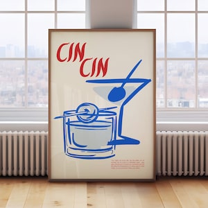 Impresión de Cin Cin, póster de cóctel retro, arte de pared con copa de martini, regalo para amantes de los cócteles