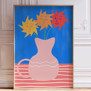 Impresión de jarrón de flores, arte mural floral colorido, póster de ramo retro, regalo para casa nueva