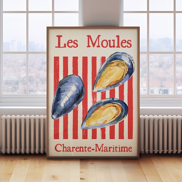 Les Moules Print Mussels Poster Red Nautical Kitchen Decor Aesthetic French Seafood Art Dinner Party Print Vintage Style Food Print Retro