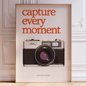 Impresión Capture Every Moment, impresión de cámara, tipografía naranja, decoración estética, arte mural fotográfico, póster minimalista, estética retro vintage