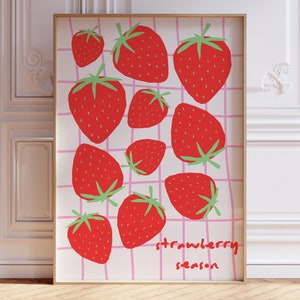 Strawberry Print, Retro Fruit Poster, Summer Kitchen Decor, Pink Grid Pattern Wall Art