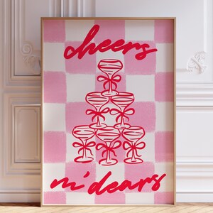 Cheers M'Dears ウォールアートプリント、ステートメントシャンパンポスター、ピンクのバーカートアート