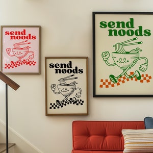 Enviar noods imprimir personaje retro pared arte fideos cartel vintage mascota impresión cocina de moda decoración divertido arte de la pared nuevo regalo del hogar inauguración de la casa