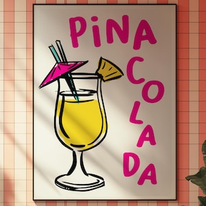 Impresión de arte de pared de piña colada, póster de cóctel divertido, regalo retro para amantes de los cócteles, estilo Tiki