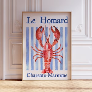 Stampa aragosta Le Homard, blu nautico, decorazione estetica per la cucina, poster di frutti di mare francesi, cena, stile vintage, stampa di cibo retrò