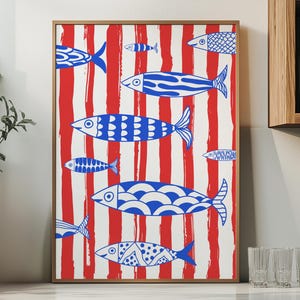 Sardinen Druck. Poster Gestreifte Sardine, Küstenküche Deko, Fisch Illustration Druck
