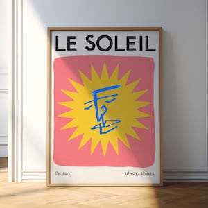 Impressão artística de sol boho, pôster abstrato de Le Soleil, presente de sol retrô para casa nova