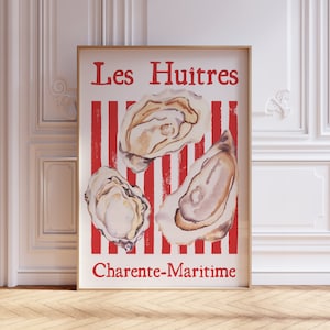 Lámina de Les Huîtres, póster de ostras, decoración náutica roja para cocina, arte estético francés de mariscos, lámina de comida de estilo vintage