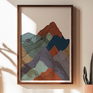Arte mural de montaña, impresión minimalista de montaña, póster abstracto de montaña, regalo para montañeros