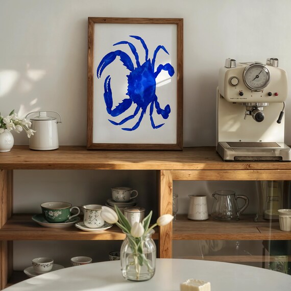 Blue Crab Print, Watercolor Crab Poster, Seafood Kitchen Decor, Coastal Art