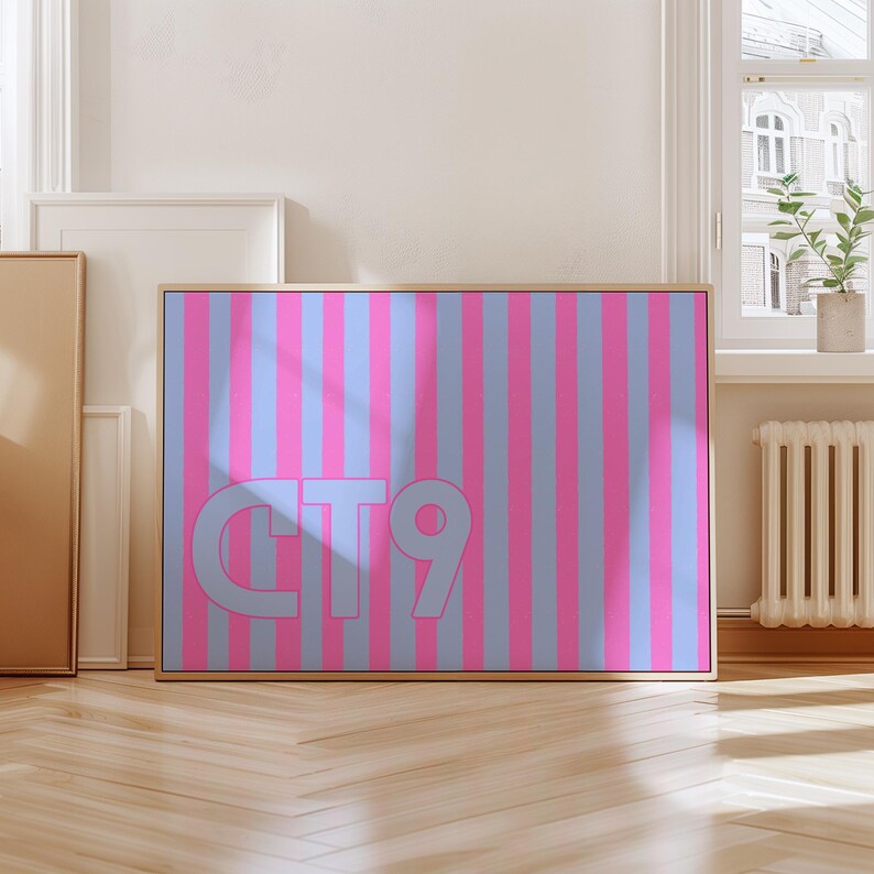 Puede incluir: Una obra de arte enmarcada con un patr&oacute;n de rayas rosas y celeste. La obra presenta las letras "CT9" en una fuente celeste. El marco es de color marr&oacute;n claro. La obra de arte se exhibe en una habitaci&oacute;n con suelo de madera.