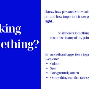 Puede incluir: Fondo azul con texto blanco: "Looking for something?". El texto ofrece opciones de personalizaci&oacute;n para impresiones de arte mural, incluyendo color, tama&ntilde;o y patr&oacute;n de fondo.