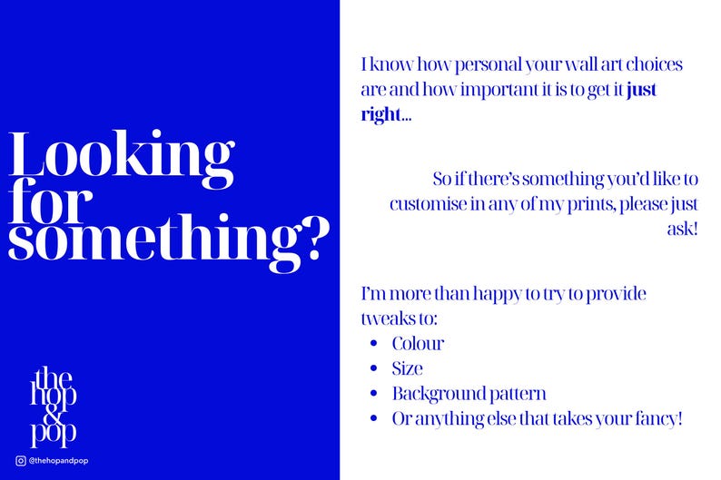 Puede incluir: Fondo azul con texto blanco: "Looking for something?". El texto ofrece opciones de personalizaci&oacute;n para impresiones de arte mural, incluyendo color, tama&ntilde;o y patr&oacute;n de fondo.