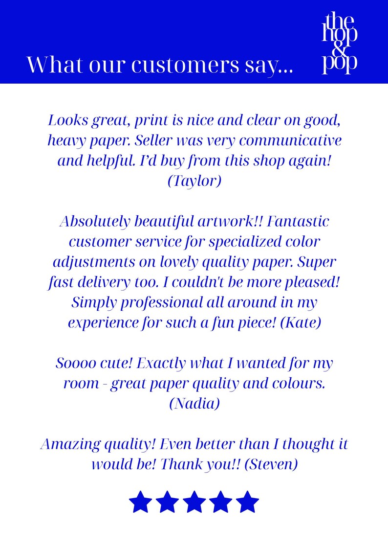 Puede incluir: Un gr&aacute;fico azul y blanco con testimonios de clientes y una calificaci&oacute;n de cinco estrellas. El texto dice: "Lo que dicen nuestros clientes..." seguido de rese&ntilde;as positivas sobre la calidad del producto y el servicio al cliente.