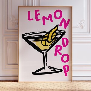 Impresión de gota de limón, póster de cóctel de limón, decoración de cocina rosa, regalo llamativo de carrito de bar