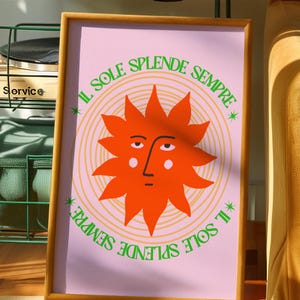 Impresión de sol retro, póster de verano italiano, arte de pared Il Sole, decoración de dopamina rosa