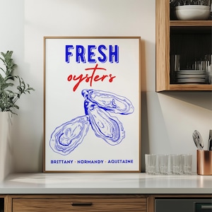 Impresión de ostras francesas, póster de mariscos náuticos, estilo costero chic, decoración estética para la cocina