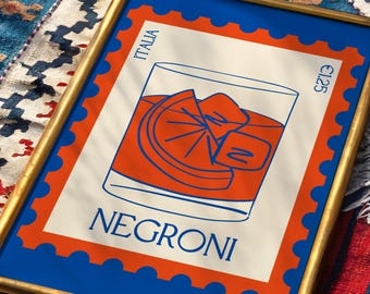 Italian Negroni Wall Art Print, Stamp Style Poster, Home Bar Cart Art, Retro Cocktail Print for Kitchen