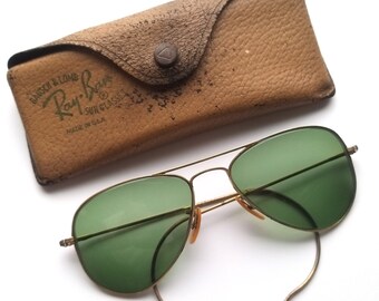 52mm 1950s Vintage Ray Ban Bausch Lomb 1/10 12k Aviator Green Sunglasses + Case