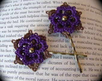 Tatted Flower Bobbies - Purple, Brown and Brass