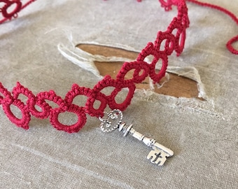 Tatted Lace Choker – Victorian Red Necklace with Key Charm