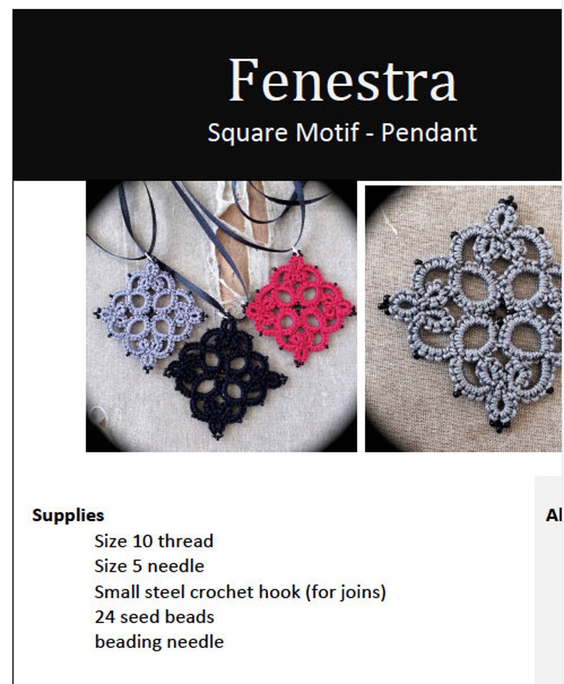 PDF Tatting Pattern Fenestra Square Motif Pendant image 2