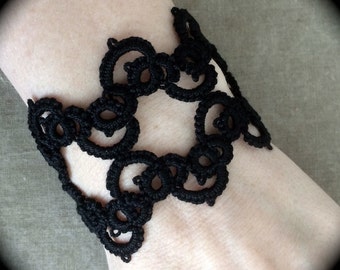 Tatted Lace Cuff Bracelet - Double Rickrack - Black