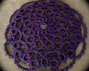 Tatted Lace Doily Fascinator Hairpiece - Purple on Black
