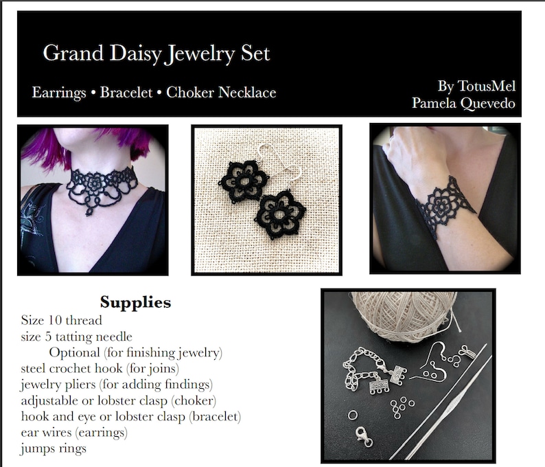 PDF Tatting Pattern Grand Daisy Jewelry Set Choker Necklace Bracelet Earrings image 2