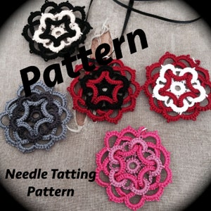 May include: Five needle tatting patterns in different colors. The patterns are all circular and feature a star-shaped design in the center. The colors are black, white, red, gray, and pink.