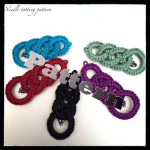 May include: Five crocheted needle tatting patterns in different colors: teal, red, black, purple, and green. The patterns are all the same design, with three interlocking loops.