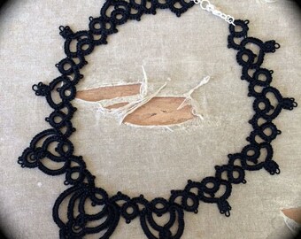 Tatted Lace Choker Necklace - Bleeding Heart Flower - Black