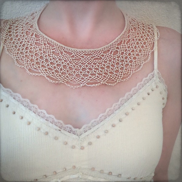 Knotted Lace Choker - Armenian Lace - Oya - Crochet - Ecru Wide Lace Collar Necklace