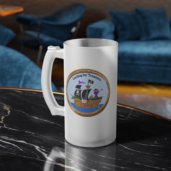 Frosted Beer Mug, Pirate, Looking for Treasure, Man, Dad, son, Gift, bar, BBQ, guests, kitchen, party, iced tea, beer, brew, guy. dude,