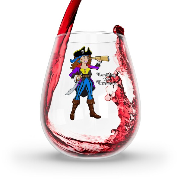 Wine Glass, Looking for Treasure Pirate Girl, party, BBQ, picnic, cocktail, Mom gift, Wife gift, Mother's Day, shopper, gift for mom,