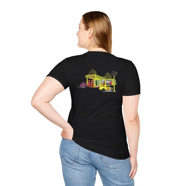 The Hot Rod Shop T-Shirt, logo on front, Shop on back, guy or girl, gift for him, gift for her, Father's Day, son, Shop, Garage, Mom, band