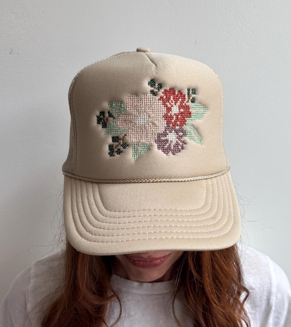 Blossom Trucker Hat, Mesh back, Foam Front Snapback, Embroidered Hat, Birthday Gift, Cross Stitch Flowers, Summer Hat