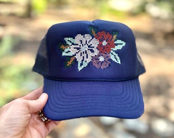 Blossom Trucker Hat, Mesh back, Foam Front Snapback, Embroidered Hat, Birthday Gift, Cross Stitch Flowers, Summer Hat
