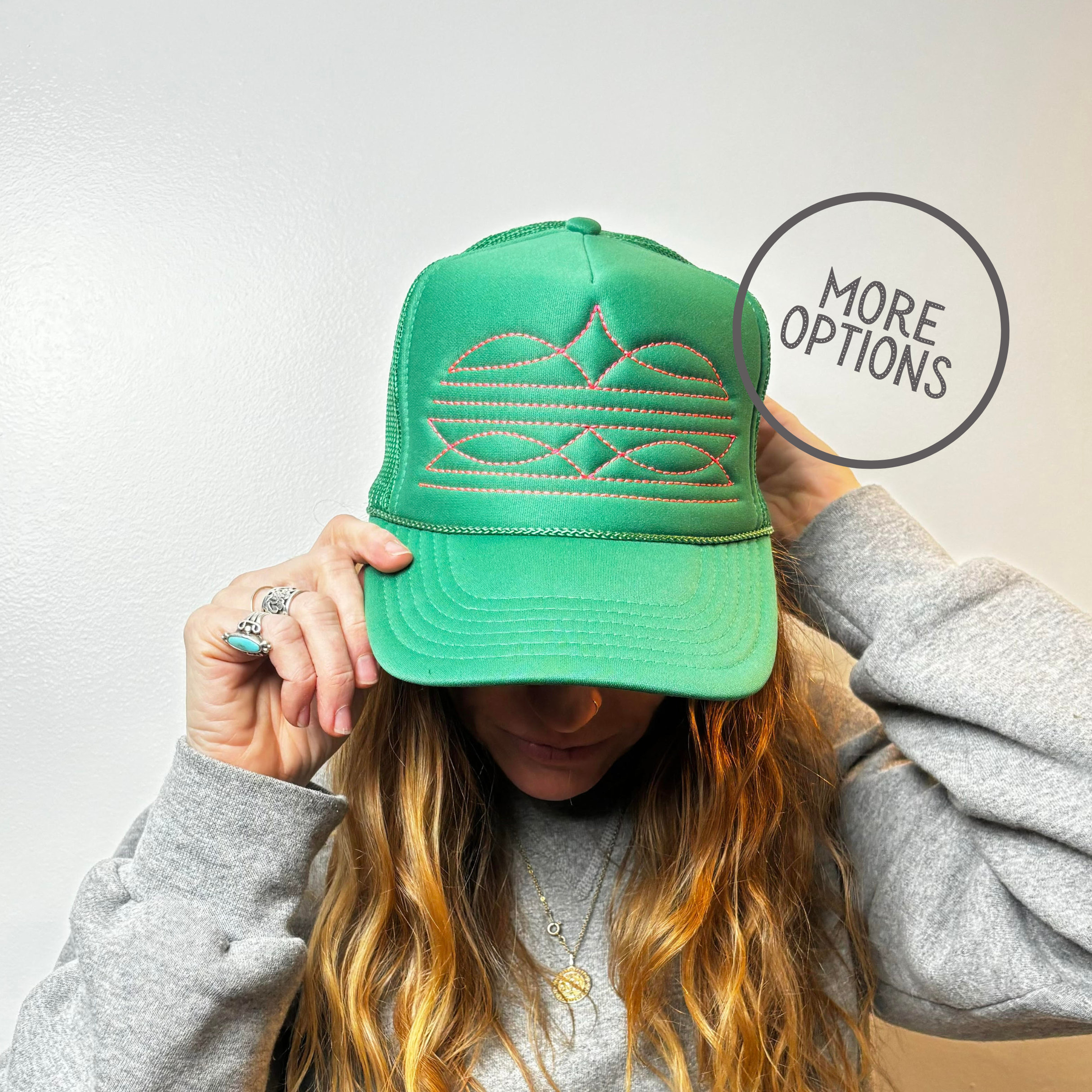 Boot Stitch, Customizable Trucker Hat, Foam Front Mesh Snapback Cap, Personalized with your choice hat and thread color, Western Hat