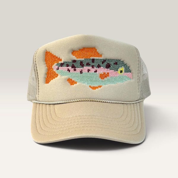 Cross Stitch Fish Trucker Hat | Embroidered Nature Design, Outdoor Wear