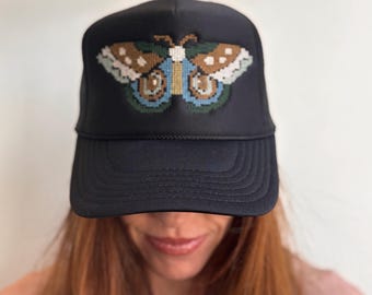 Cross Stitch Moth Trucker Hat | Embroidered Moth Hat | Nature Inspired Hat | Boho Trucker Cap | Adjustable Hat | Cottagecore Style