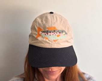 Fish Cross Stitch Embroidered Flat Brim Cap | Outdoor Camper Dad Hat