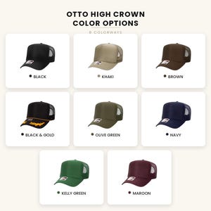 May include: A collection of eight Otto high crown trucker hats in various colors including black, khaki, brown, black and gold, olive green, navy, kelly green, and maroon. Each hat features a mesh back, a solid front panel, and a curved brim.